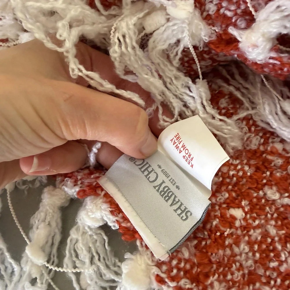 BB Shabby Chic Rust Orange‎ White Textured Woven Throw Blanket with Fringe Trim